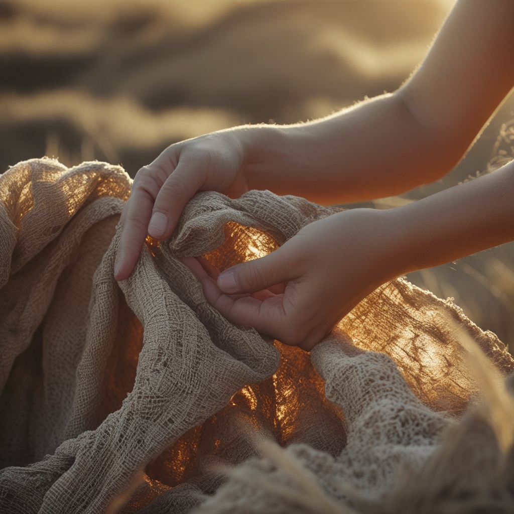 Vue rapprochée de mains tenant doucement un tissu naturel beige texturé, lumière latérale douce créant des ombres profondes, fond neutre sombre