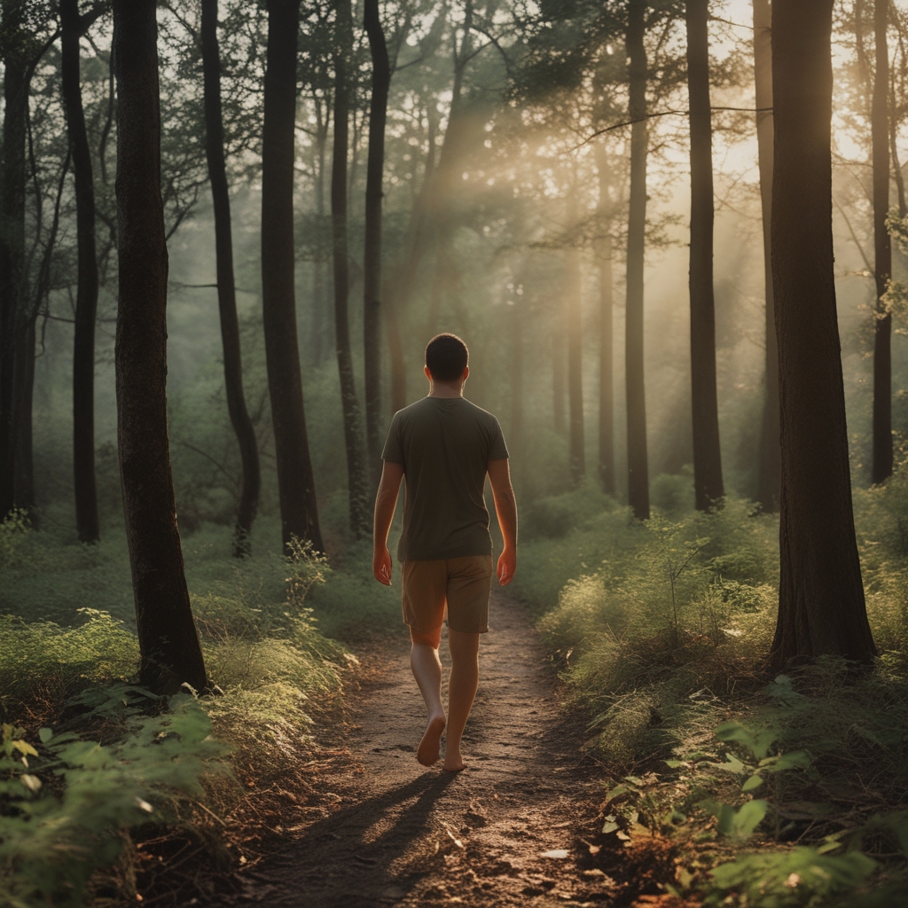 Personne marchant pieds nus sur un sentier naturel en forêt, lumière du matin filtrant à travers les arbres, sol couvert de feuilles sèches et de mousse verte